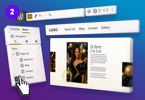 Website design interface with navigation options